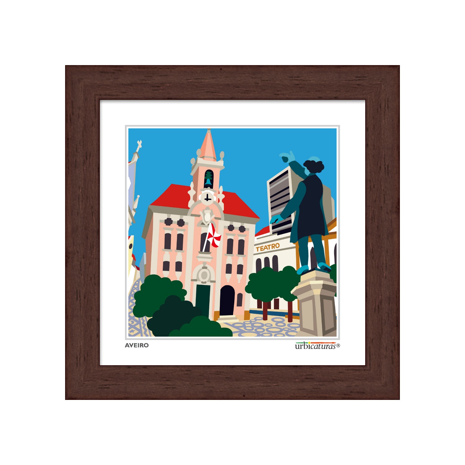 AVEIRO Minis – Câmara quadro decorativo com ilustração de Aveiro em moldura castanha