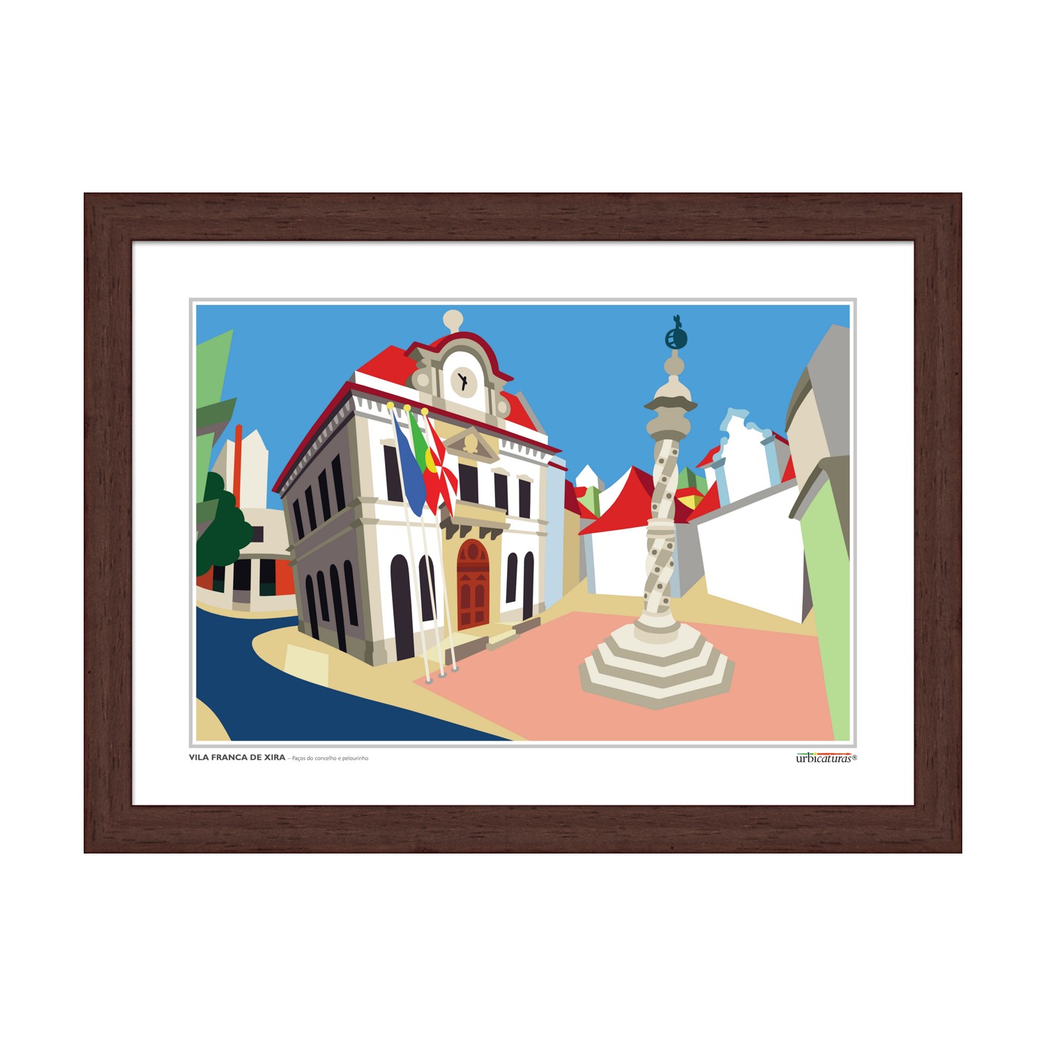 VILA FRANCA DE XIRA – Paços do concelho e pelourinho Pintura digital de edifício e cruzeiro em Vila Franca de Xira numa moldura de madeira escura