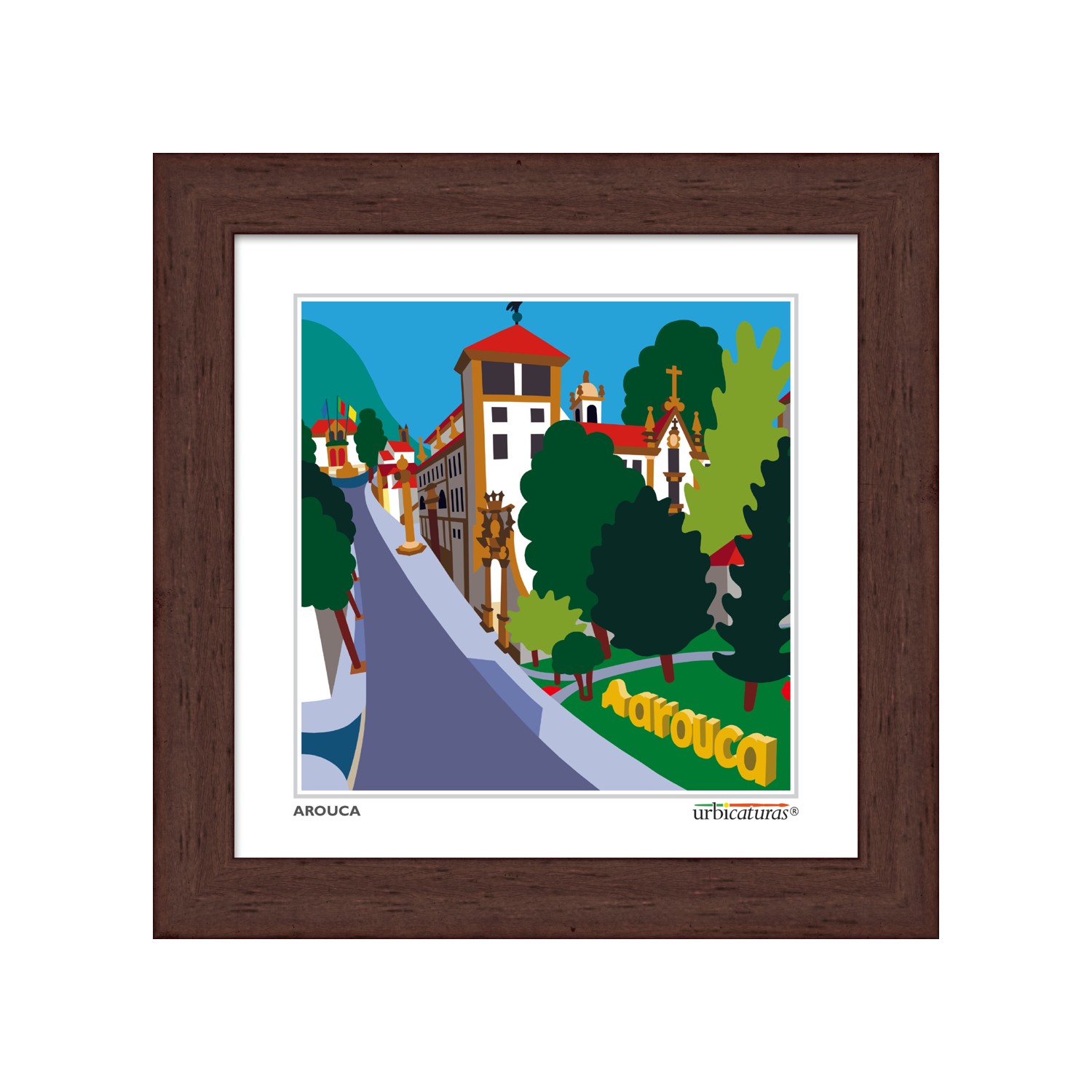 AROUCA Minis – Mosteiro Desenho colorido de rua com edifícios e árvores emoldurado com moldura de madeira escura