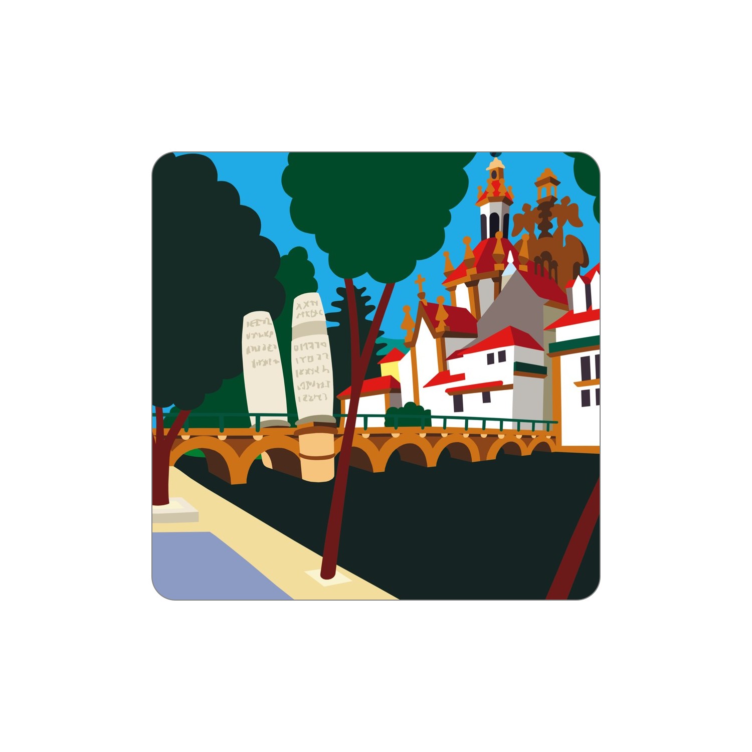 CHAVES Ímanes – Ponte Paisagem urbana com ponte, árvores e edifícios brancos com telhados vermelhos