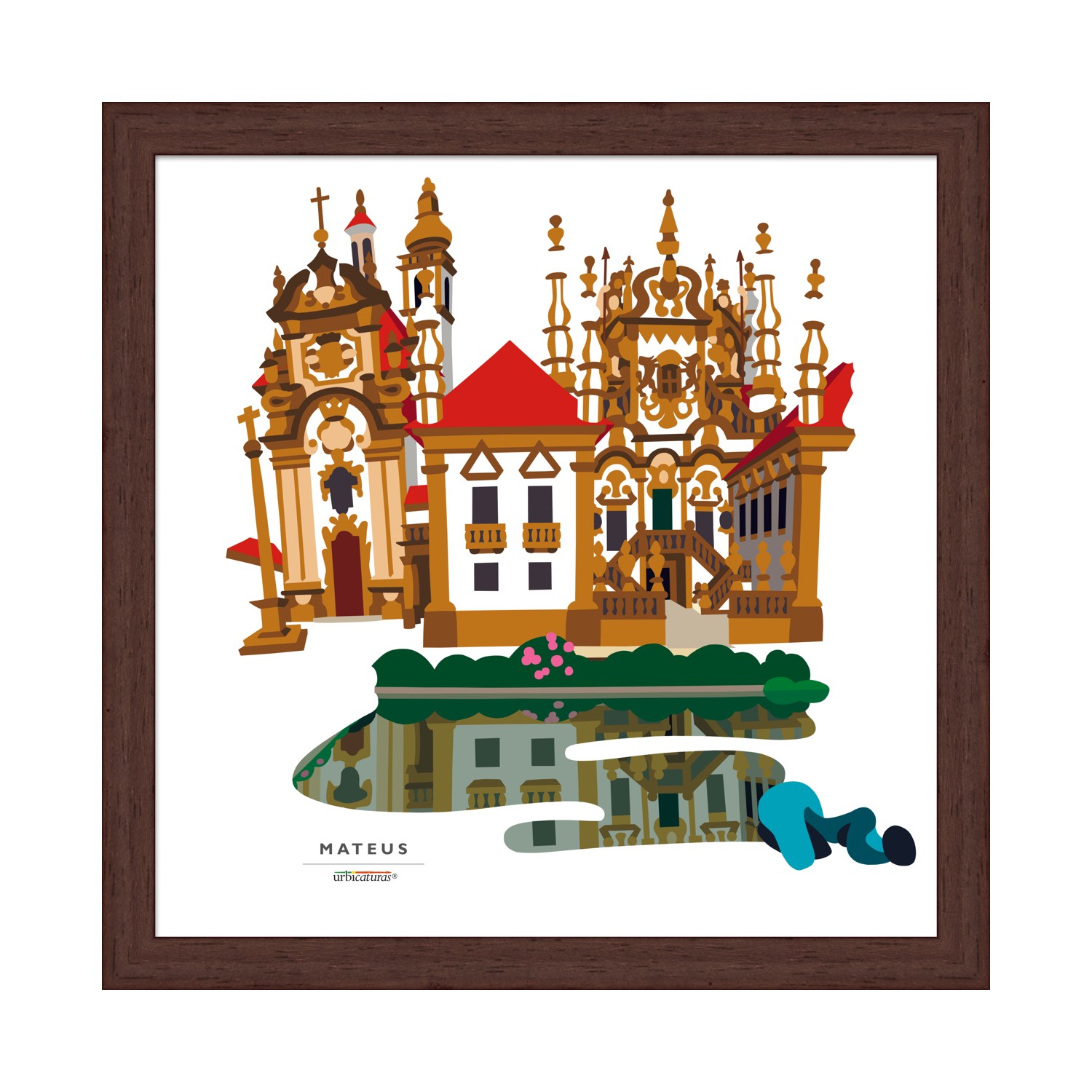 VILA REAL Recortes – Mateus Ilustração de edifícios históricos coloridos com reflexo na água em quadro de moldura castanha