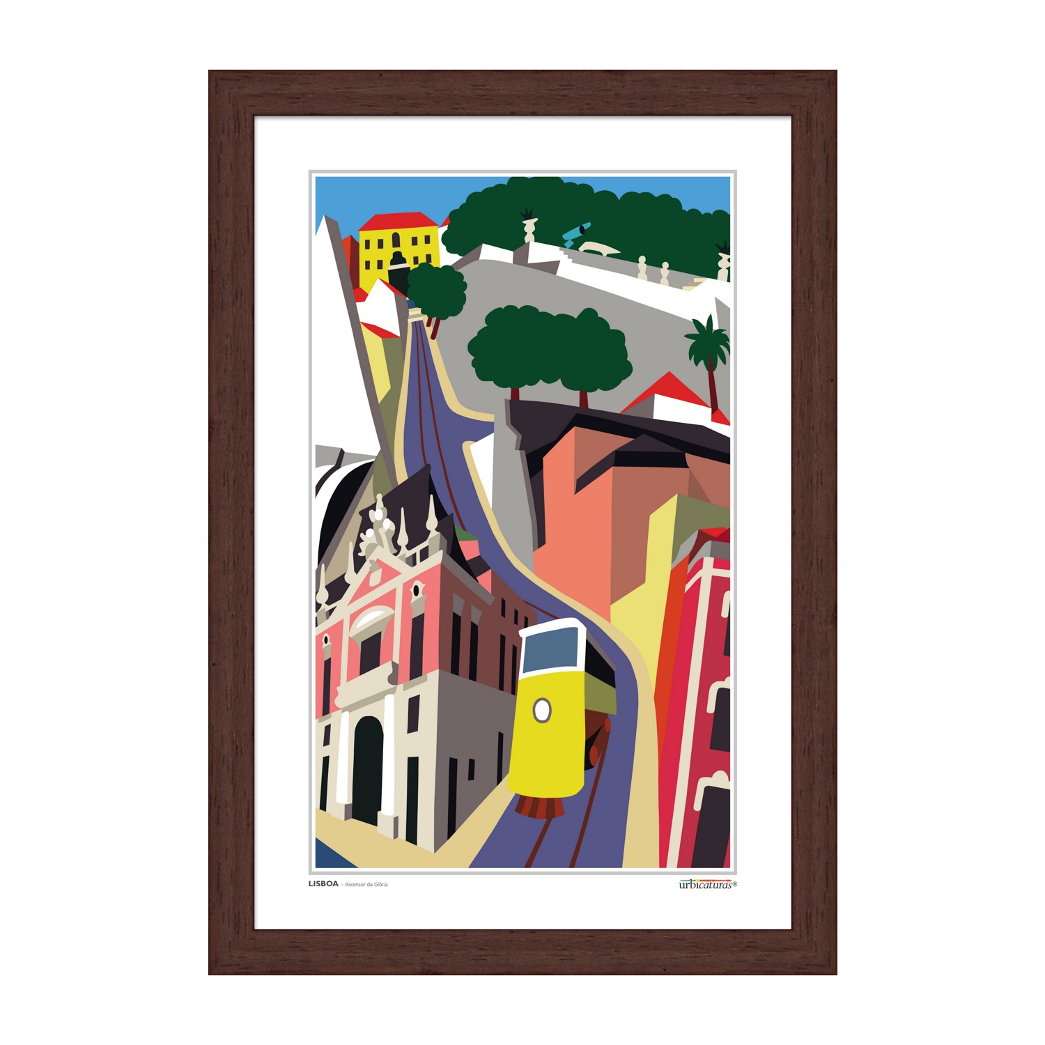 LISBOA – Ascensor da Glória Ilustração de eléctrico amarelo em rua inclinada com edifícios coloridos e árvores