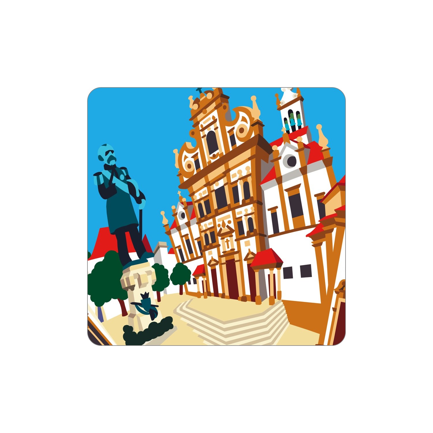 SANTARÉM Ímanes – Sá da Bandeira Ilustração colorida de edifício histórico com estátua e árvores num espaço ao ar livre