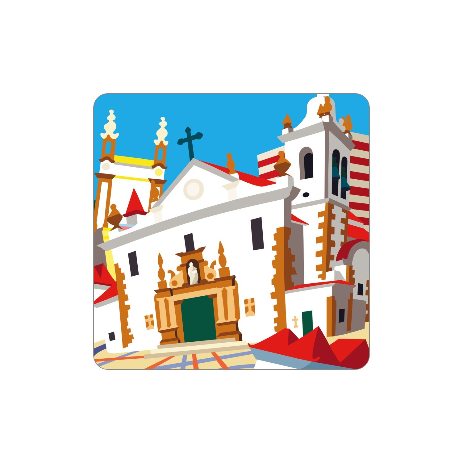 FARO Ímanes – São Pedro Ilustração colorida de igreja branca com telhados vermelhos e céu azul