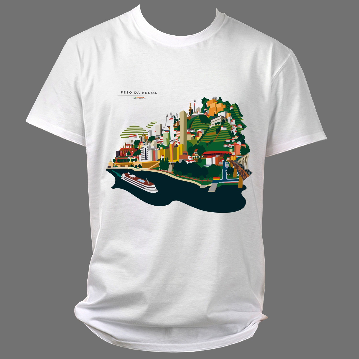 PESO DA RÉGUA T-Shirts – Geral T-shirt branca com estampa colorida de paisagem urbana e texto 'PESO DA RÉGUA PORTUGAL'