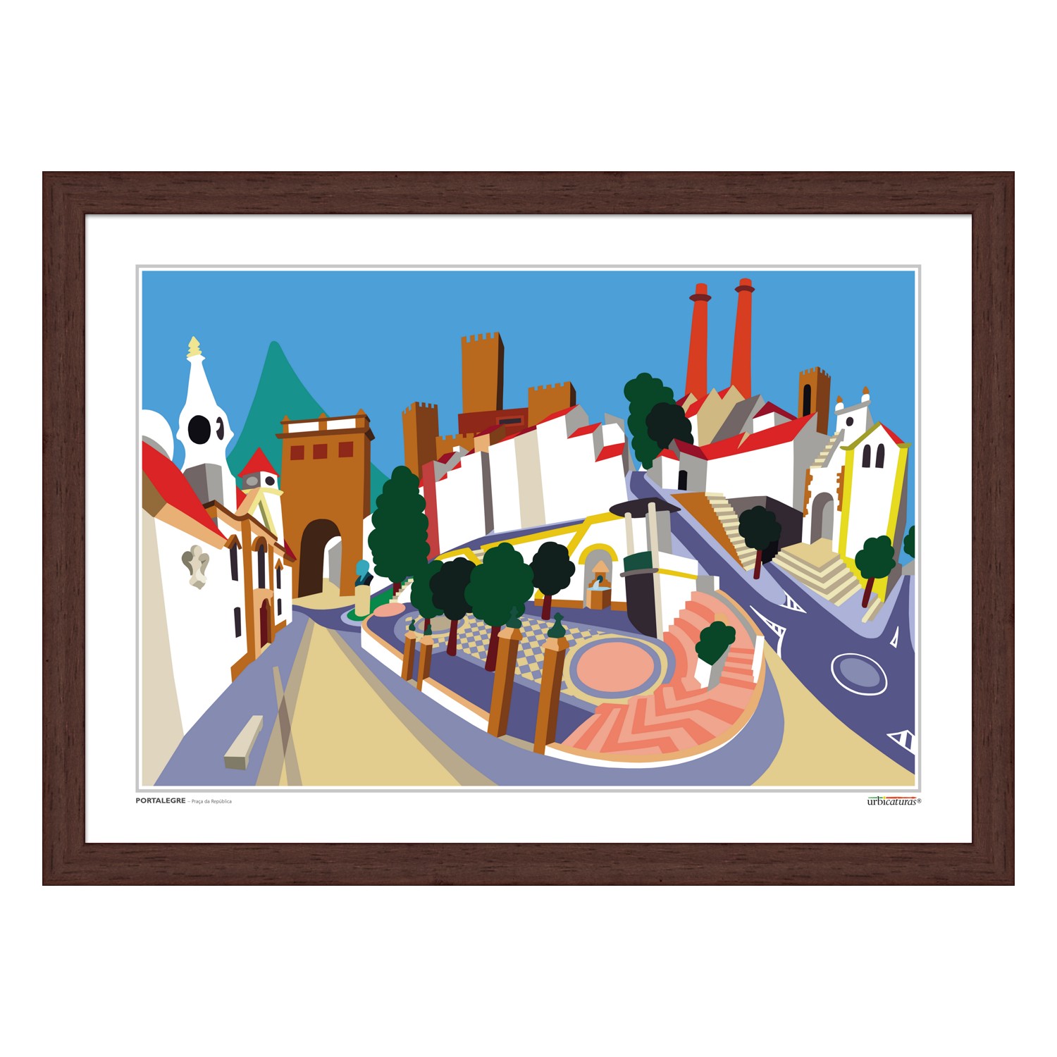 PORTALEGRE – Praça da República Ilustração colorida de uma paisagem urbana em moldura castanha escura