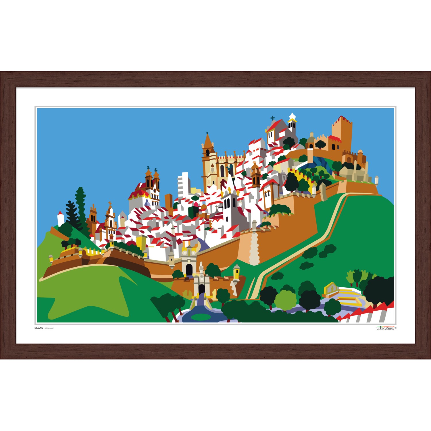 ELVAS – Vista geral Arte digital colorida de uma cidade fortificada com casas brancas, telhados vermelhos e castelo em fundo azul