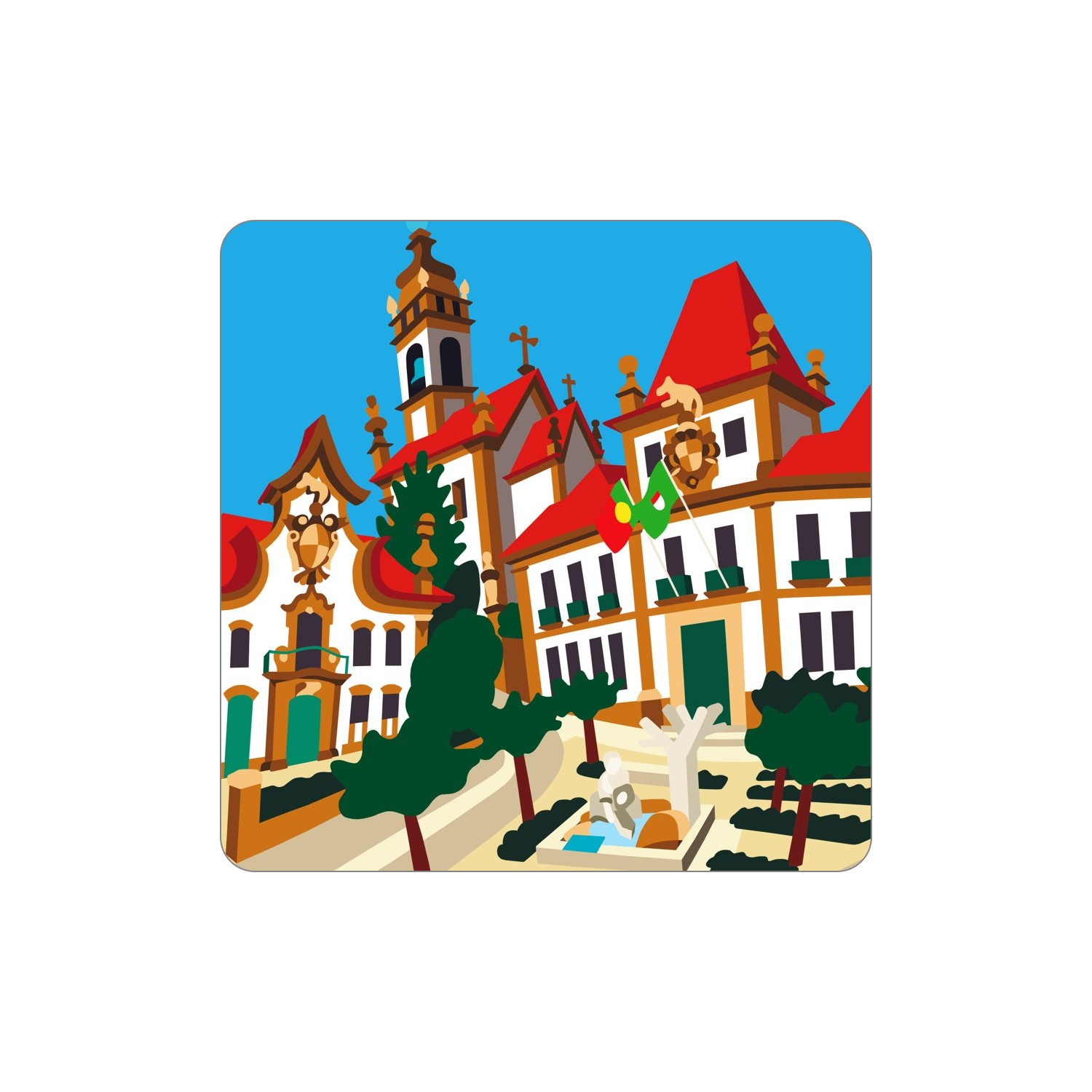 SABROSA Minis – Câmara Ilustração colorida de edifícios com telhados vermelhos e árvores verdes