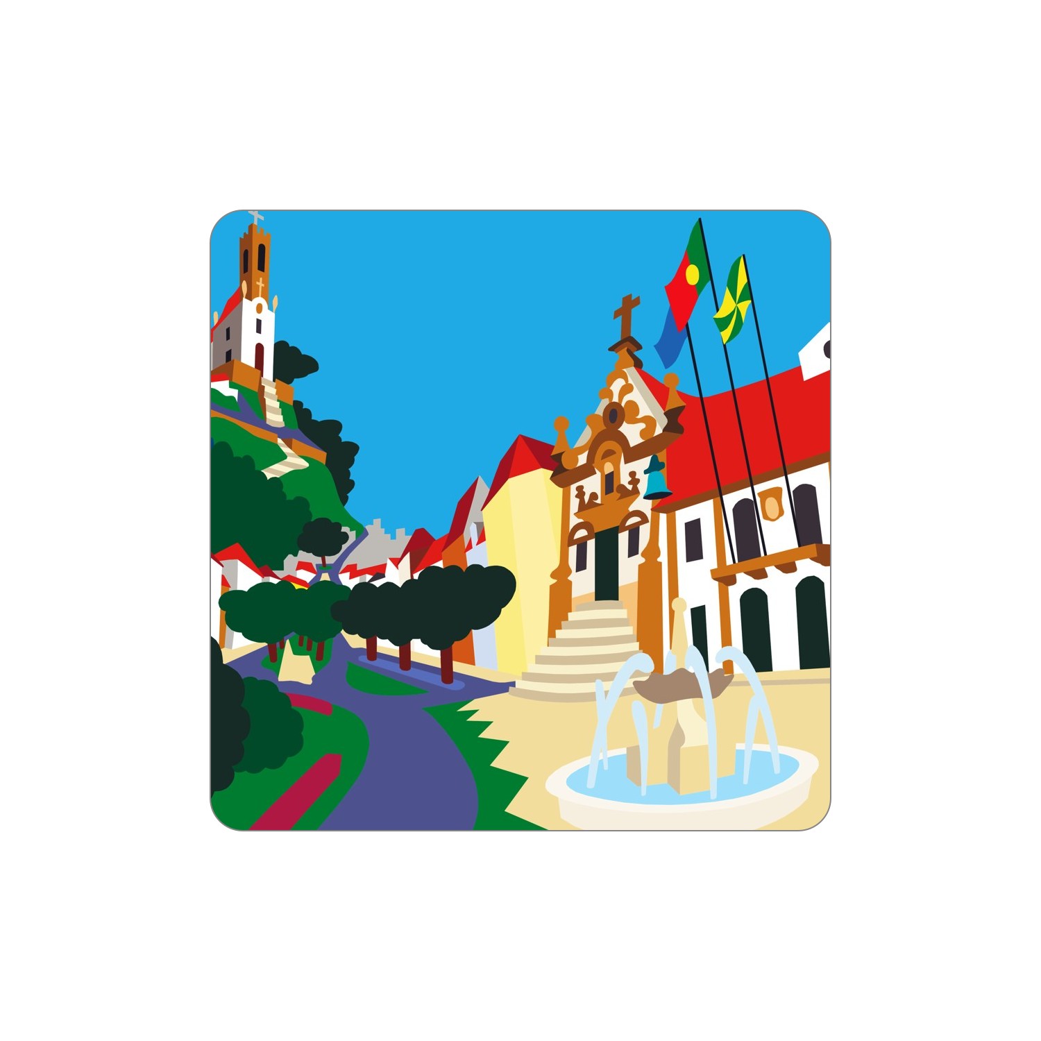 MANGUALDE Ímanes – Rossio Ilustração colorida de uma rua de cidade com igreja, escadaria, fontes e bandeiras