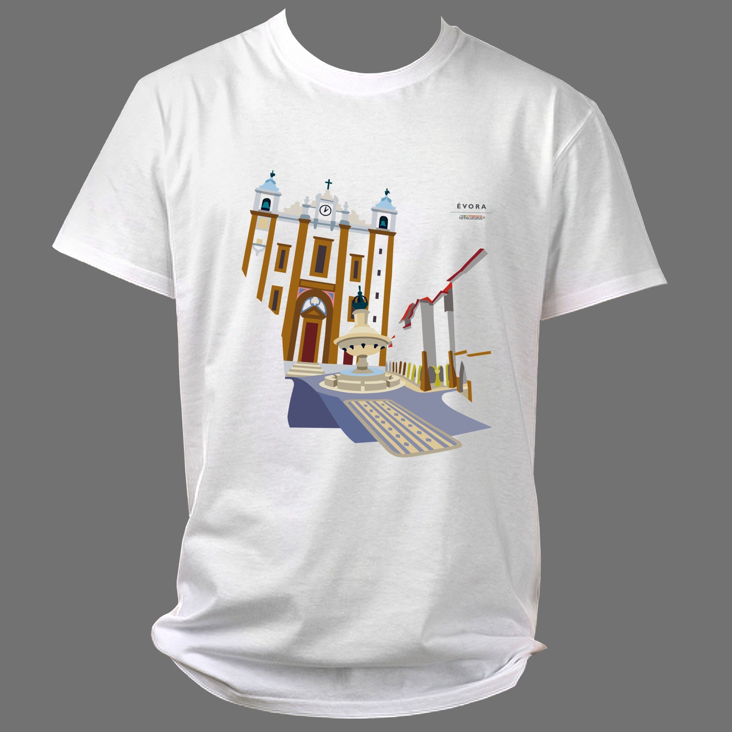 ÉVORA T-Shirts – Giraldo Camiseta branca com estampa de edifícios históricos e texto ÉVORA ALENTEJO, PORTUGAL
