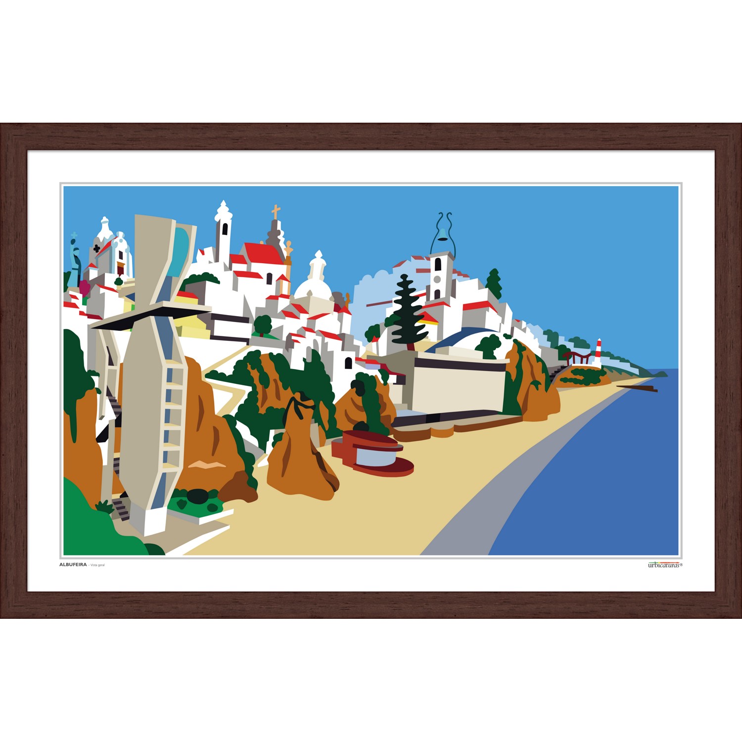 ALBUFEIRA – Vista geral Ilustração costeira colorida com edifícios brancos e tectos vermelhos e praia