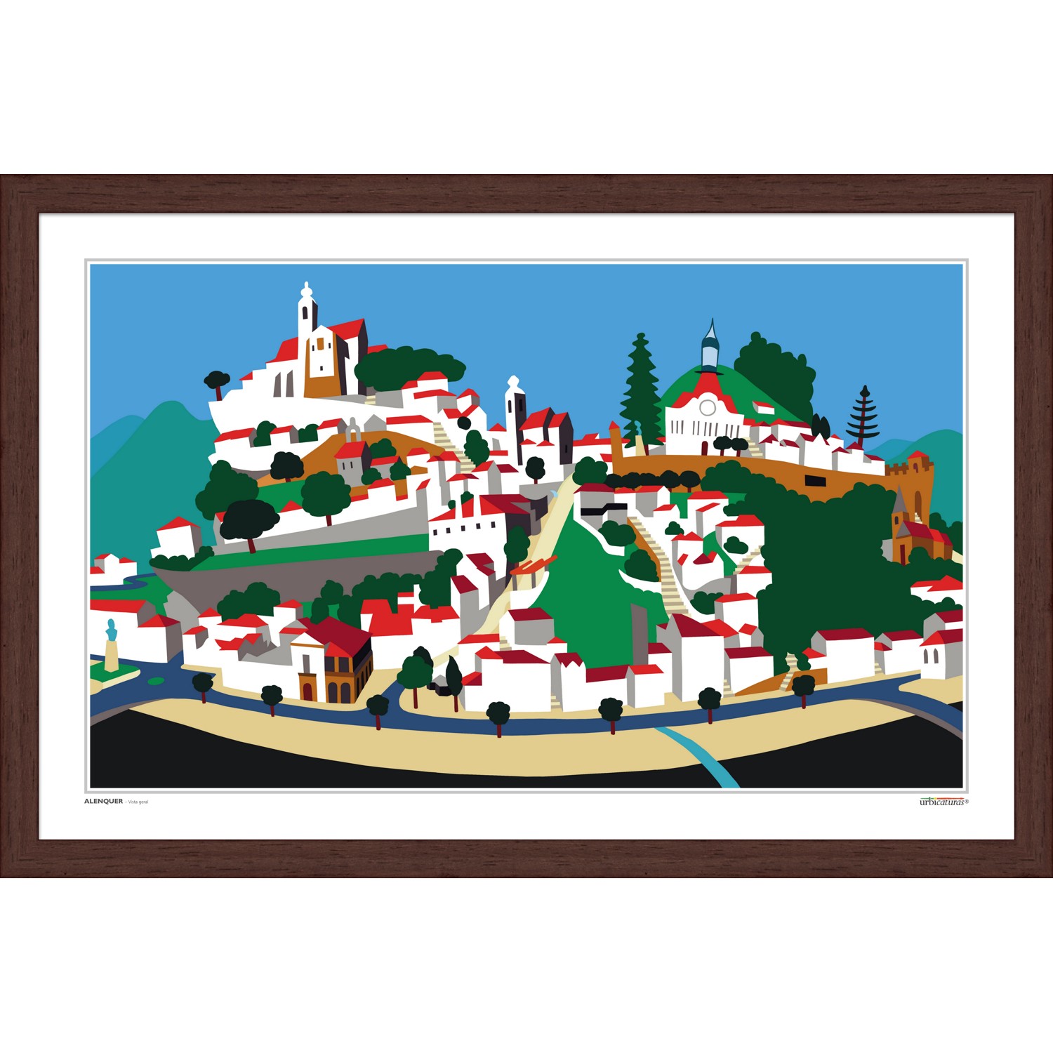 ALENQUER – Vista geral Ilustração emoldurada de vila com casas, igrejas e árvores