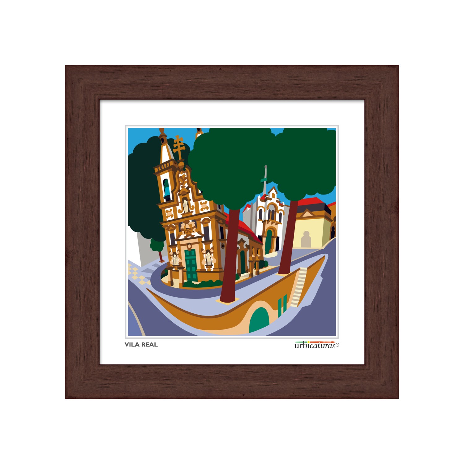 VILA REAL Minis – São Pedro Ilustração colorida de praça em Vila Real com edifícios históricos e árvores em quadro com moldura de madeira escura
