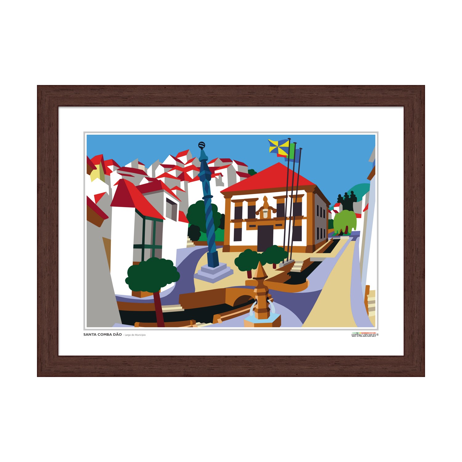 SANTA COMBA DÃO – Largo do Município Ilustração colorida de uma praça com edifícios, estátua, barcos e árvores em moldura castanha.