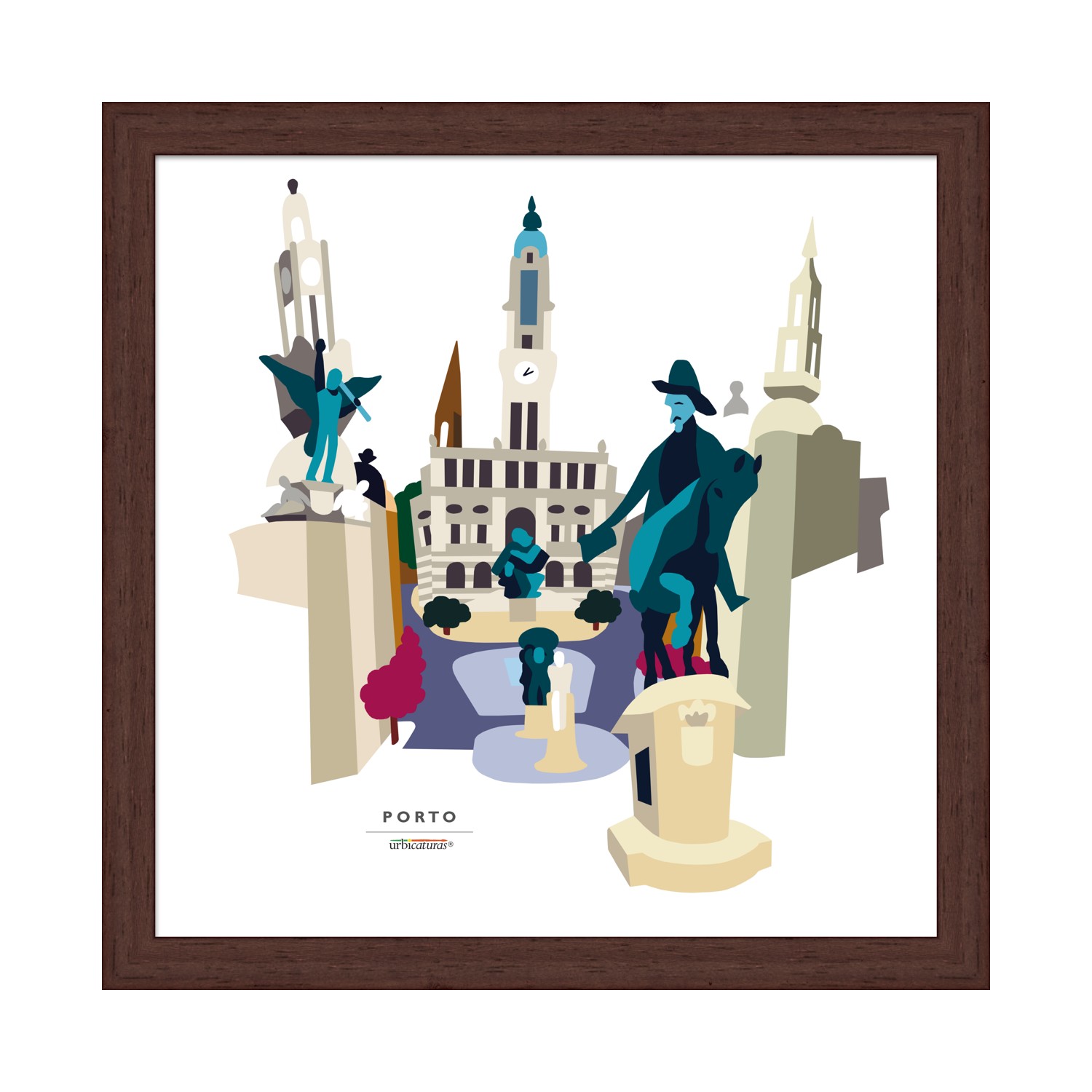 PORTO Recortes – Aliados Ilustração artística de monumentos de Porto em moldura de madeira