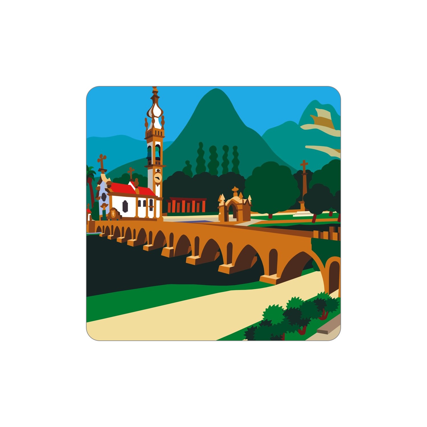 PONTE DE LIMA Ímanes – Ponte Ilustração de ponte e igreja com montanhas ao fundo