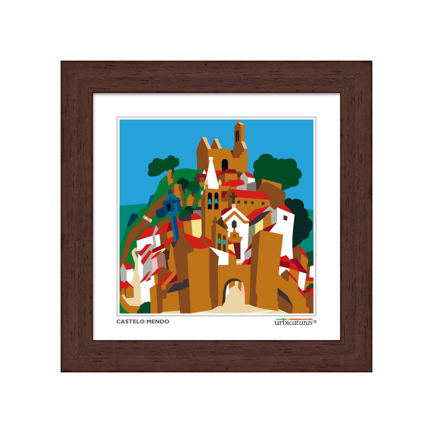 CASTELO MENDO Minis – Geral quadro decorativo ilustrando o Castelo de Mendo com moldura castanha
