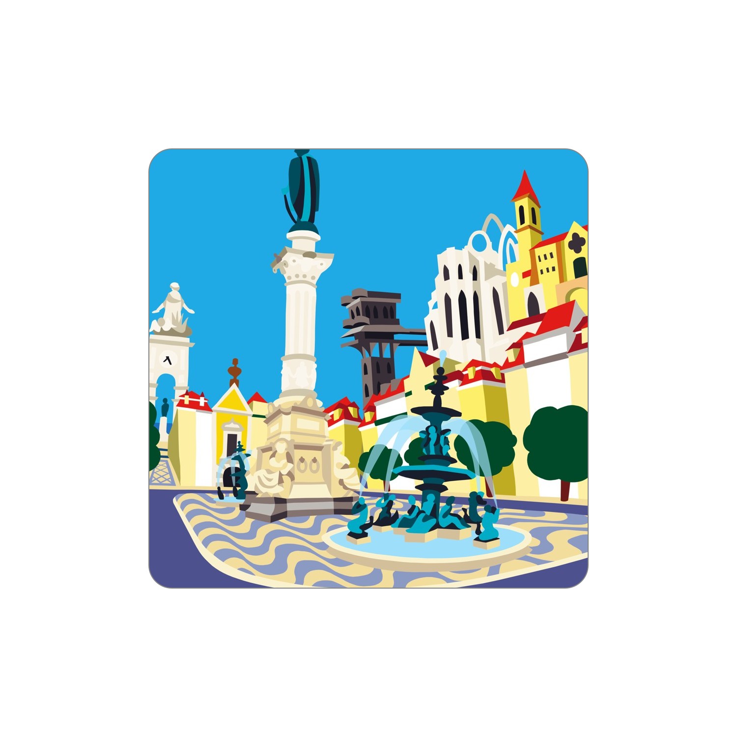 LISBOA Ímanes – Rossio Ilustração de praça com fonte, colunas e edifícios coloridos sob céu azul