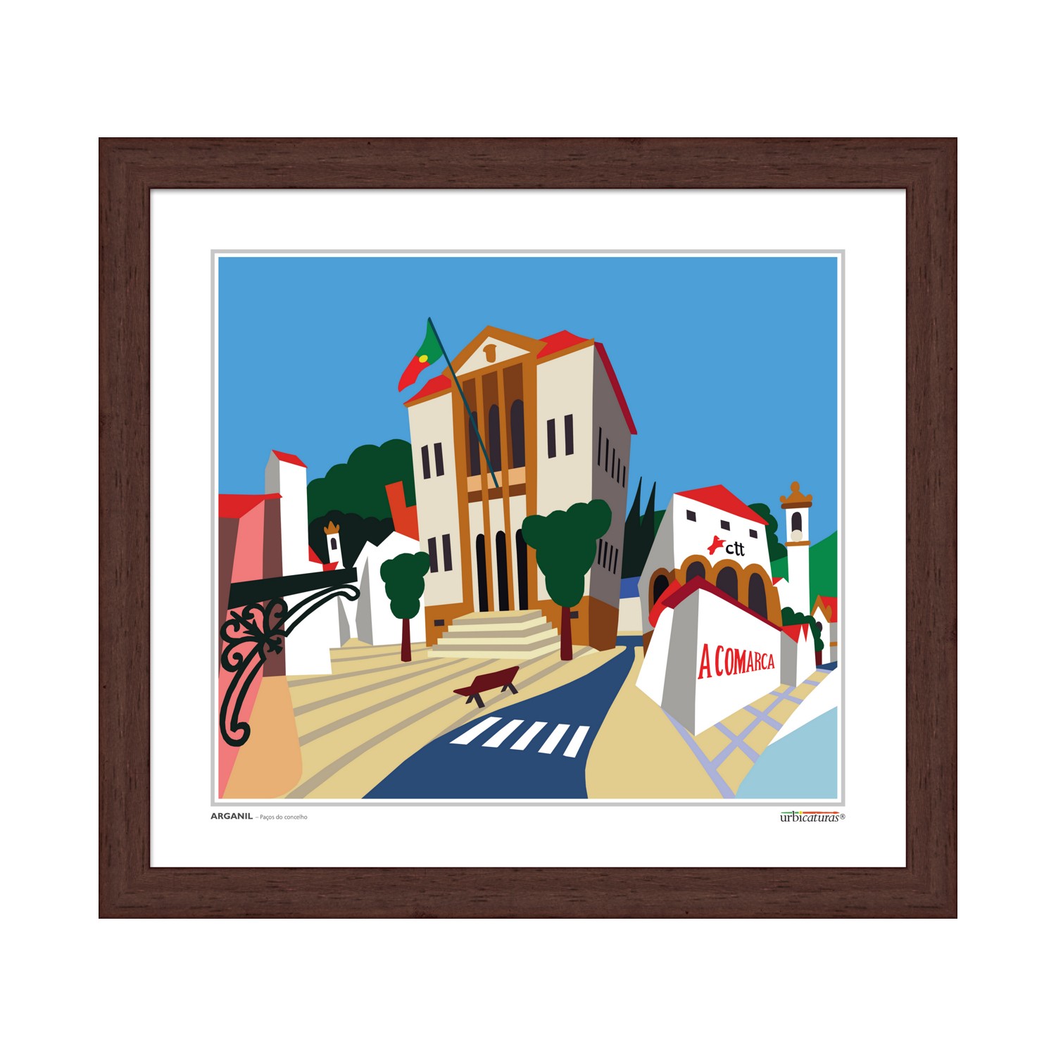 ARGANIL – Paços do concelho Gravura colorida estilizada de uma rua em Águeda com edifícios, árvores e cão