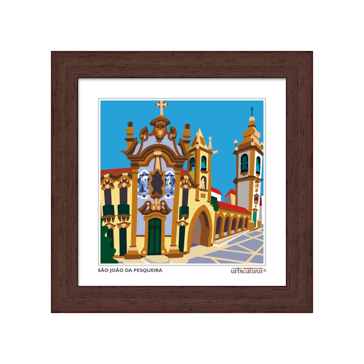 SÃO JOÃO DA PESQUEIRA Minis – Praça Ilustração colorida da igreja São João da Pesqueira em moldura castanha