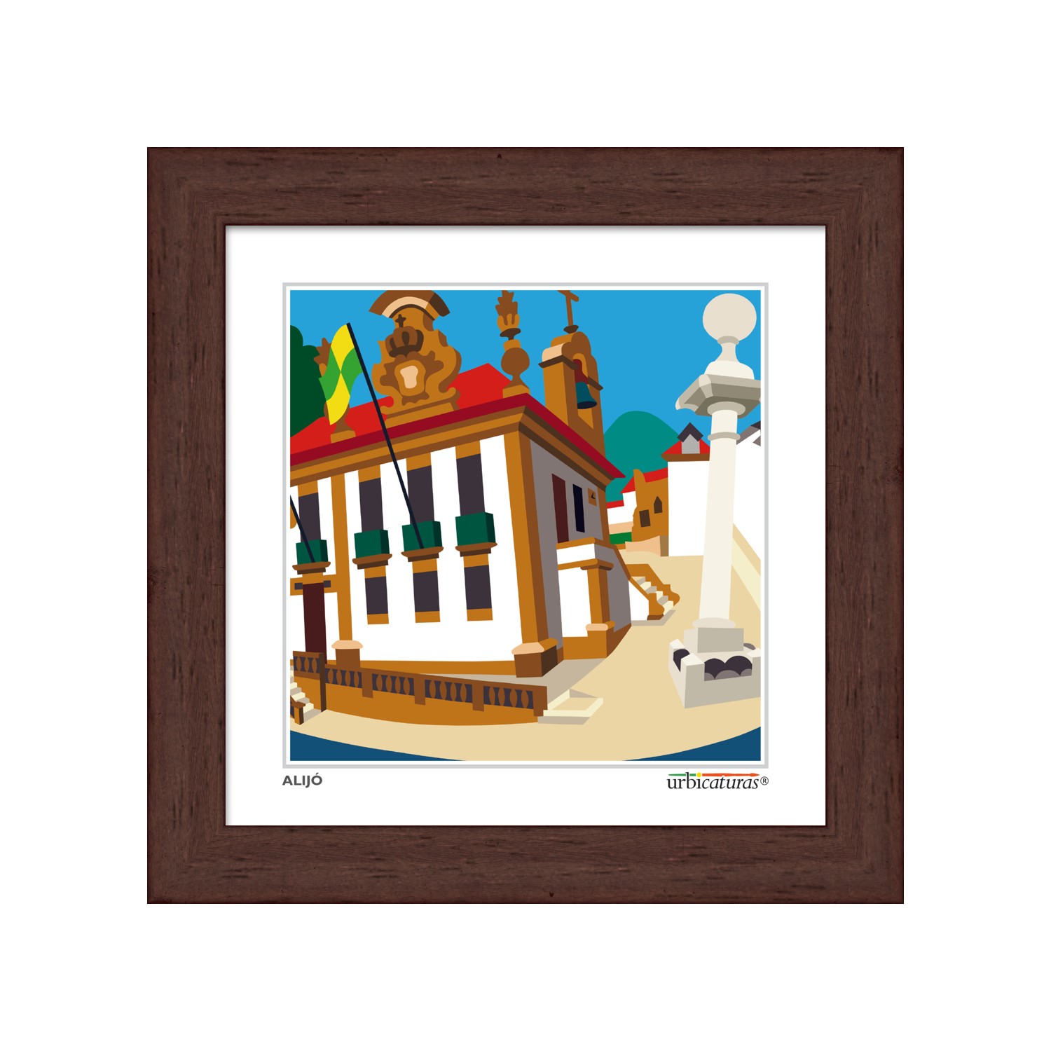 ALIJÓ Minis – Câmara Quadro com pintura digital de edifício com ornamentos castanhos, telhado vermelho, bandeira, coluna branca e fundo azul e verde