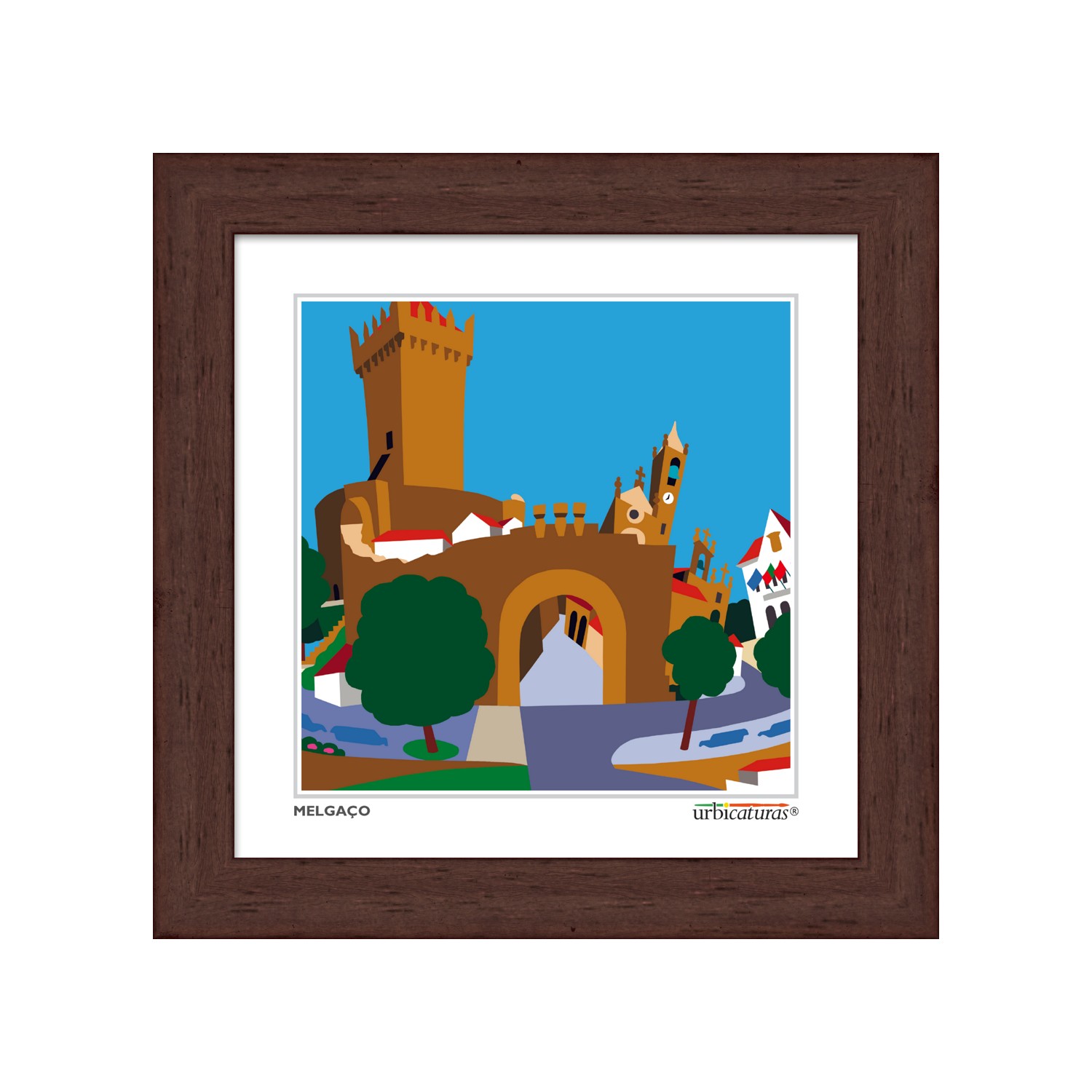 MELGAÇO Minis – São Tiago Ilustração digital do castelo e ponte de Melgaço em moldura de madeira castanha