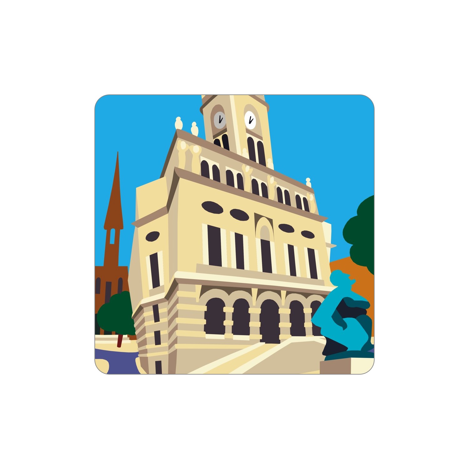 PORTO Ímanes – Câmara Ilustração de edifício amarelo clássico com torre e escultura azul