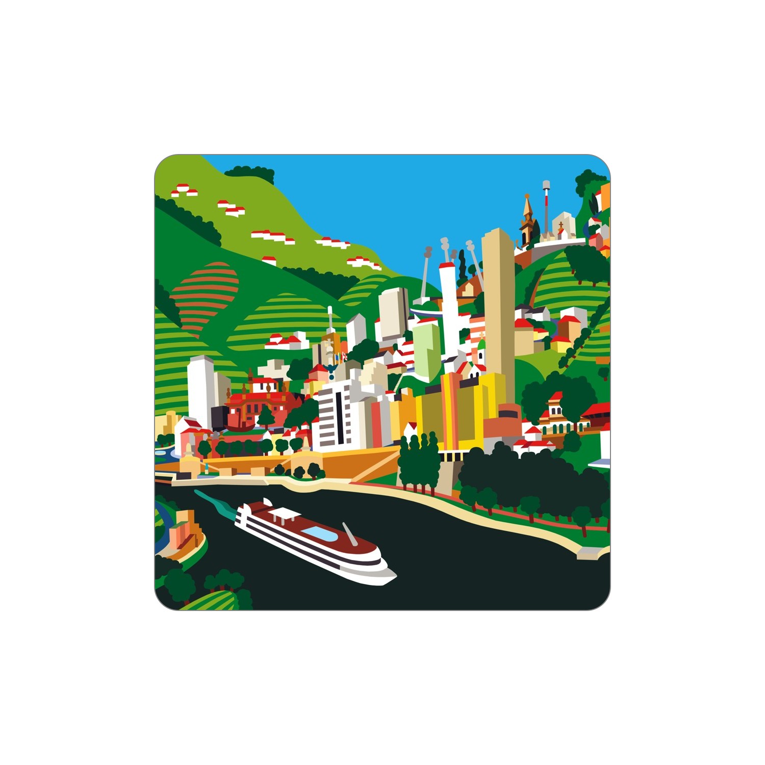 PESO DA RÉGUA Ímanes – Geral Ilustração digital de uma cidade junto a um rio com barco e colinas verdes ao fundo