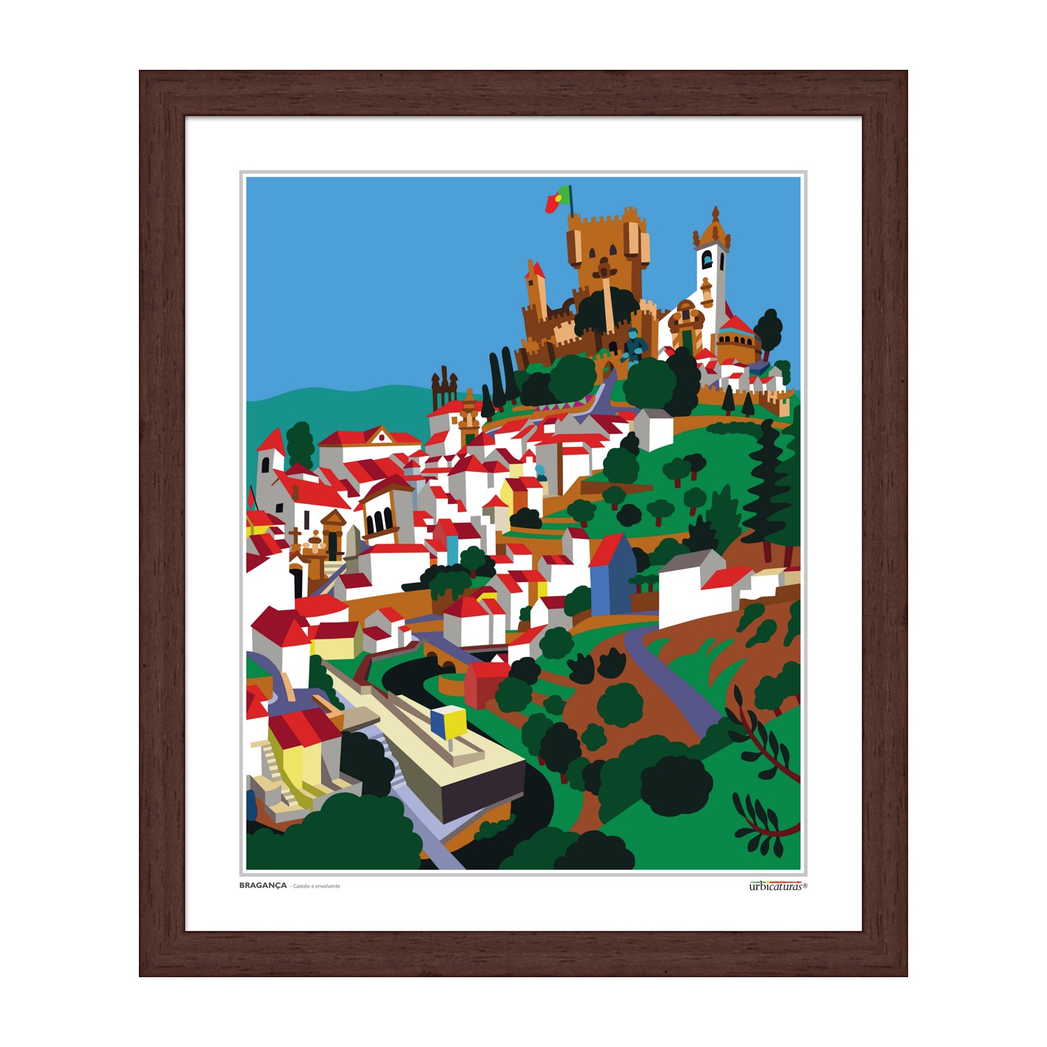 BRAGANÇA – Castelo e envolvente Ilustração de vila com casas, castelo e paisagem natural