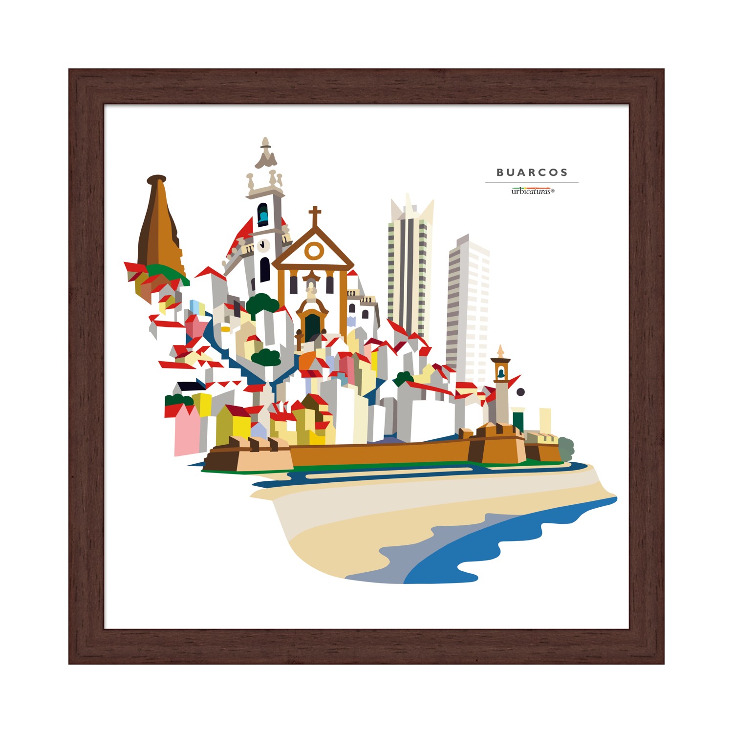 BUARCOS Recortes – Geral Ilustração colorida de Buarcos em quadro com moldura castanho escuro