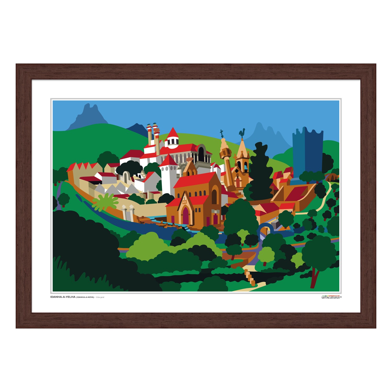 IDANHA-A-VELHA (Idanha-a-Nova) – Vista geral Serigrafia colorida de edifícios e natureza com moldura castanha