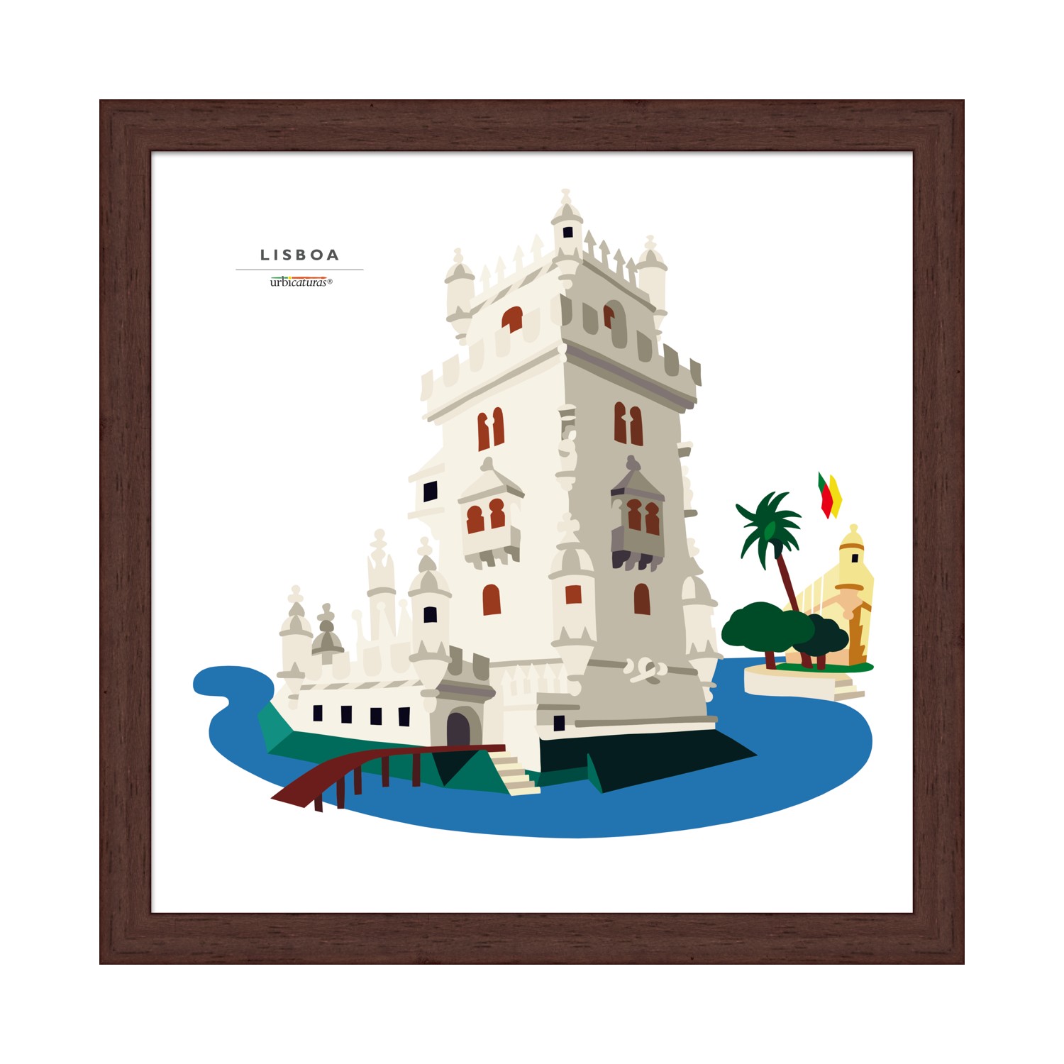 LISBOA Recortes – Torre de Belém Desenho gráfico da Torre de Belém em Lisboa com rio azul e palmeiras