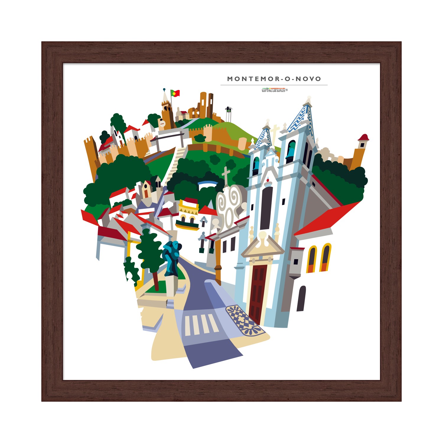 MONTEMOR-O-NOVO Recortes – São João de Deus Quadro com ilustração colorida de Montemor-o-Novo e edifícios históricos