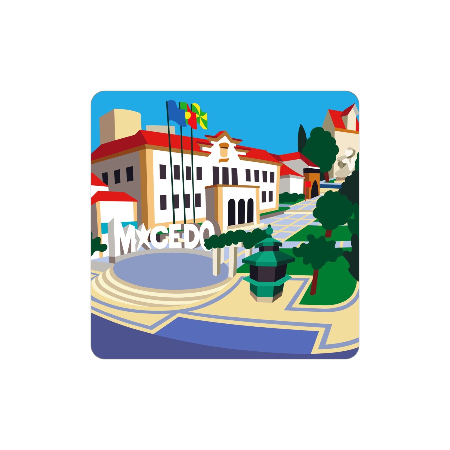 MACEDO DE CAVALEIROS Ímanes – Câmara Ilustração digital de edifício com telhado vermelho, árvores e letras MXCEDO