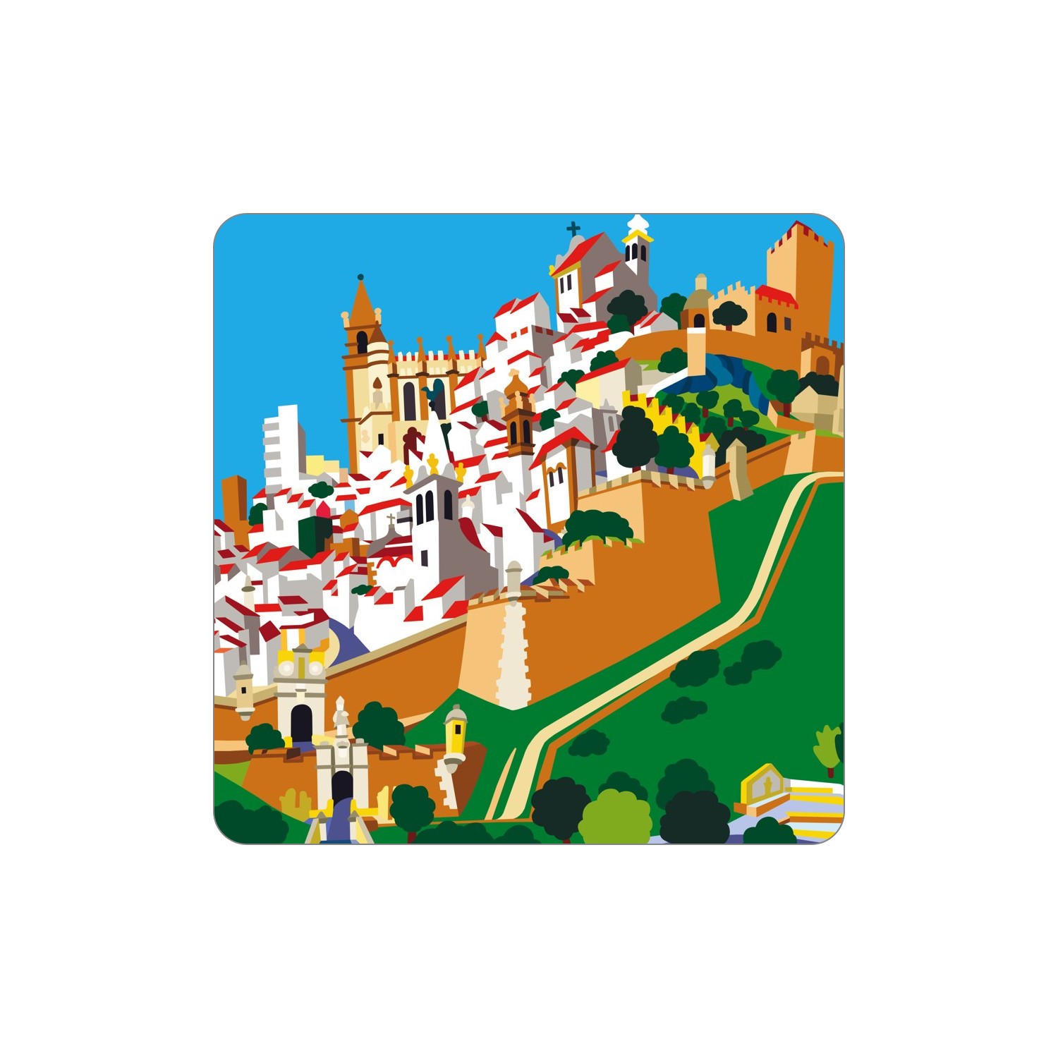 ELVAS Ímanes – Geral Ilustração colorida de cidade histórica com casas brancas e muros castanhos