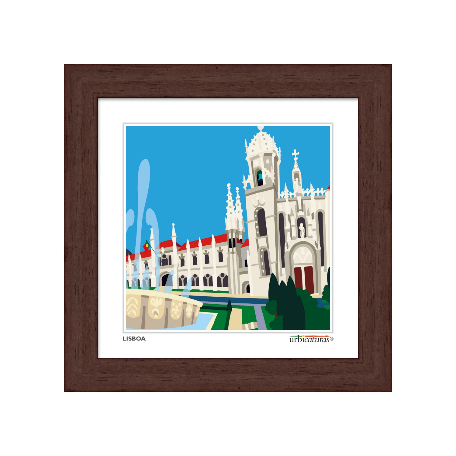 LISBOA Minis – Jerónimos Quadro com imagem estilizada de monumento histórico em Lisboa com fonte e jardim.