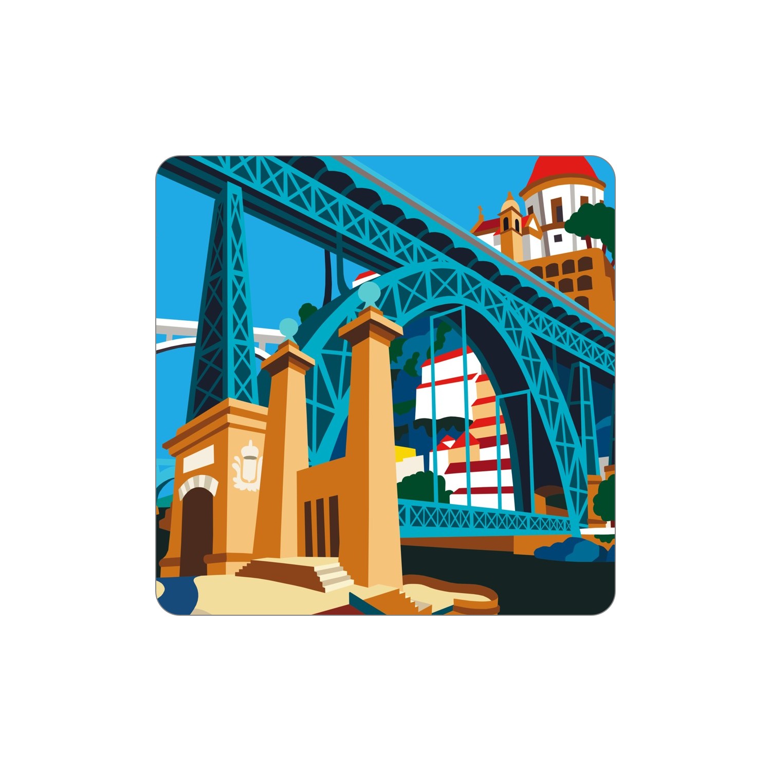 PORTO Ímanes – Pênsil Ilustração gráfica de ponte azul metálica com pilares castanhos e edifícios ao fundo.