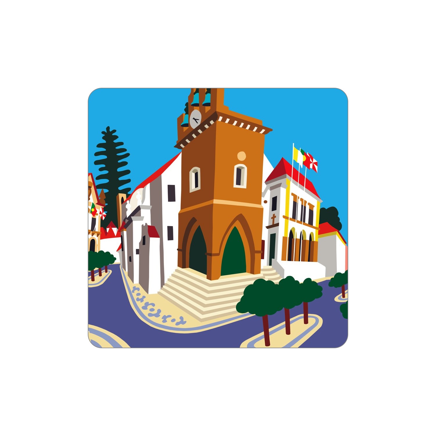 FARO Ímanes – Sé Ilustração gráfica de edifícios históricos com torre e ruas azuis