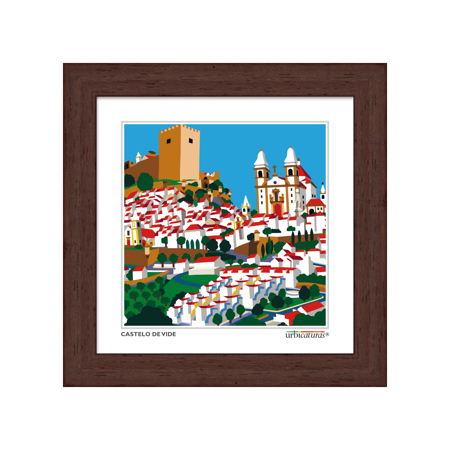 CASTELO DE VIDE Minis – Geral Ilustração colorida do Castelo de Vide com casas brancas e telhados vermelhos em moldura de madeira