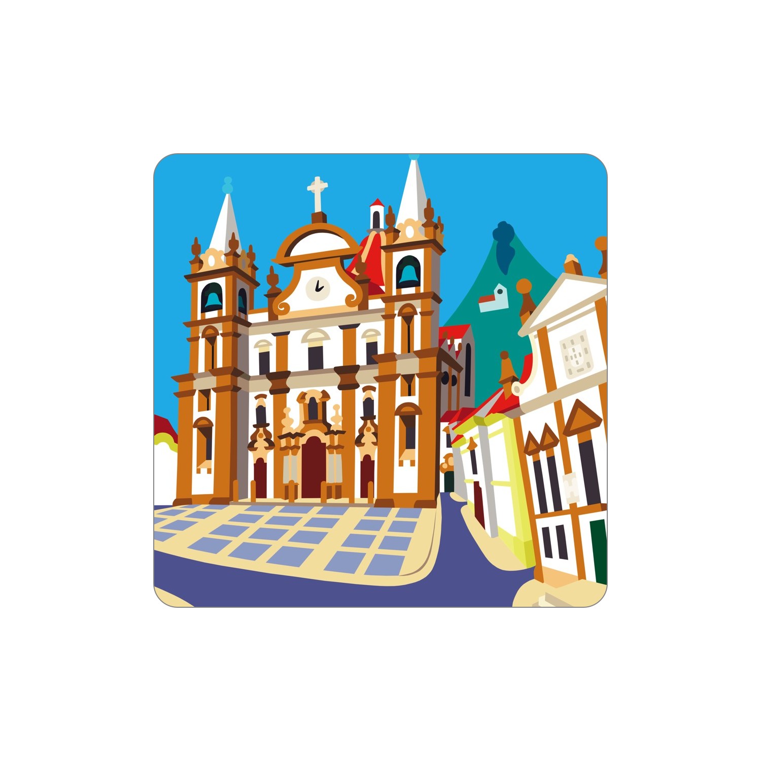 PORTALEGRE Ímanes – Sé Ilustração de igreja barroca com torres e relógio, ao lado de edifícios tradicionais e pavimento de azulejos