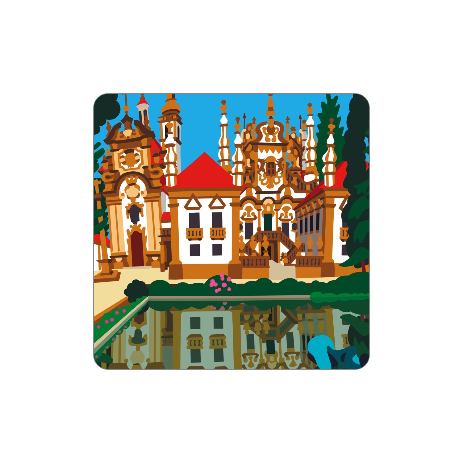 VILA REAL Ímanes – Mateus Cartão ilustrado com arquitetura portuguesa tradicional e lago refletindo a imagem.