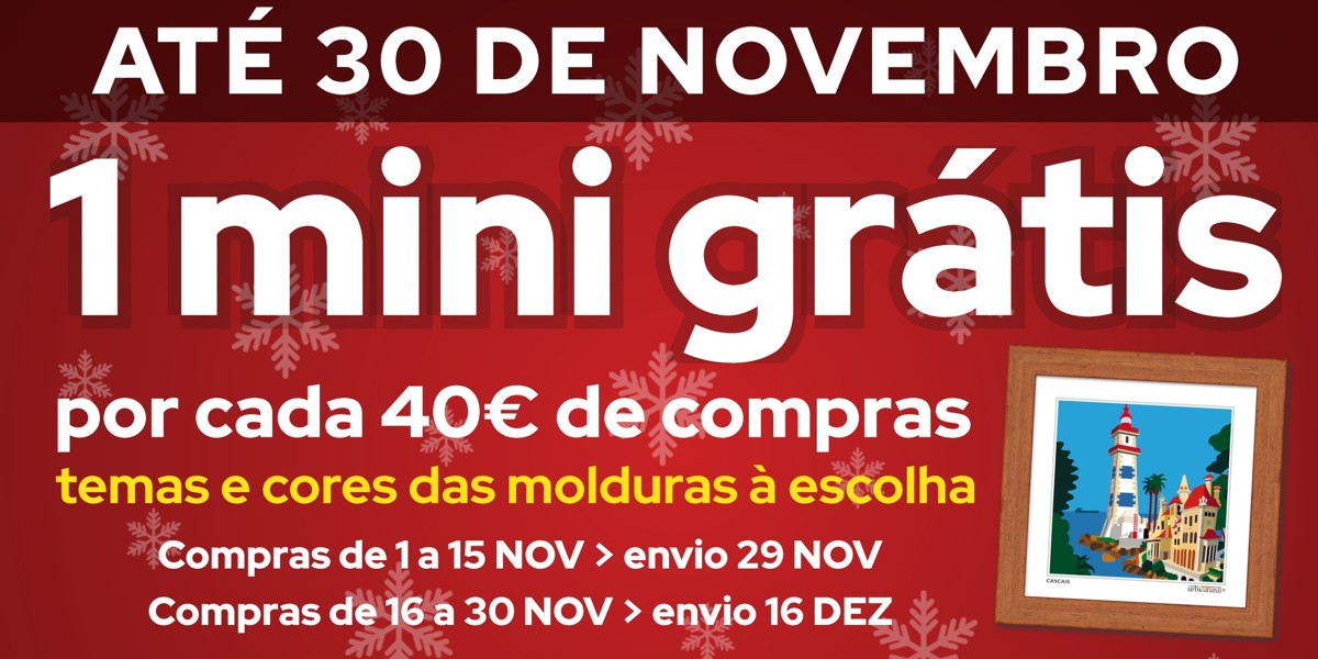 Banner promocional vermelho a anunciar oferta de mini grátis até 30 de novembro com molduras à escolha