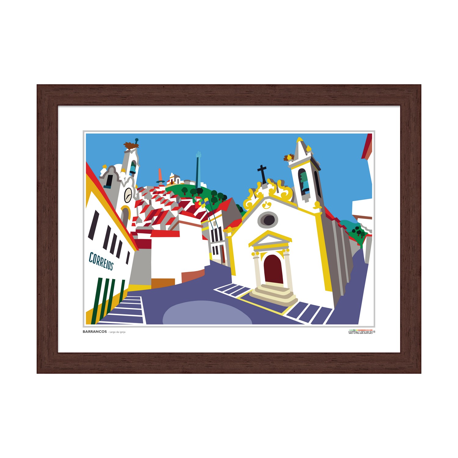 BARRANCOS – Largo da igreja Quadro moldura castanha com imagem estilizada de igreja amarela e branca e casas