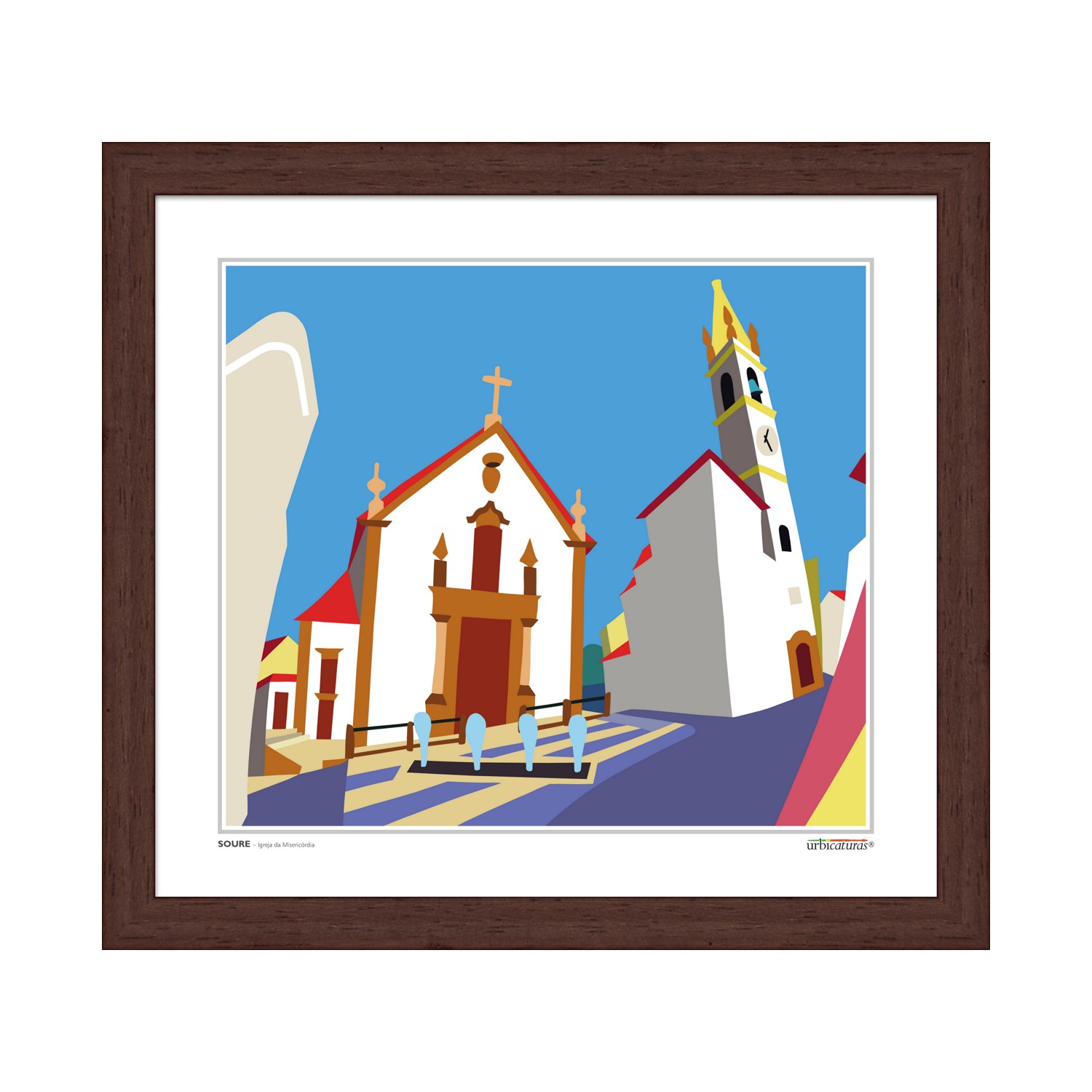 SOURE – Igreja da Misericórdia Ilustração colorida de igreja tradicional com moldura castanha escura