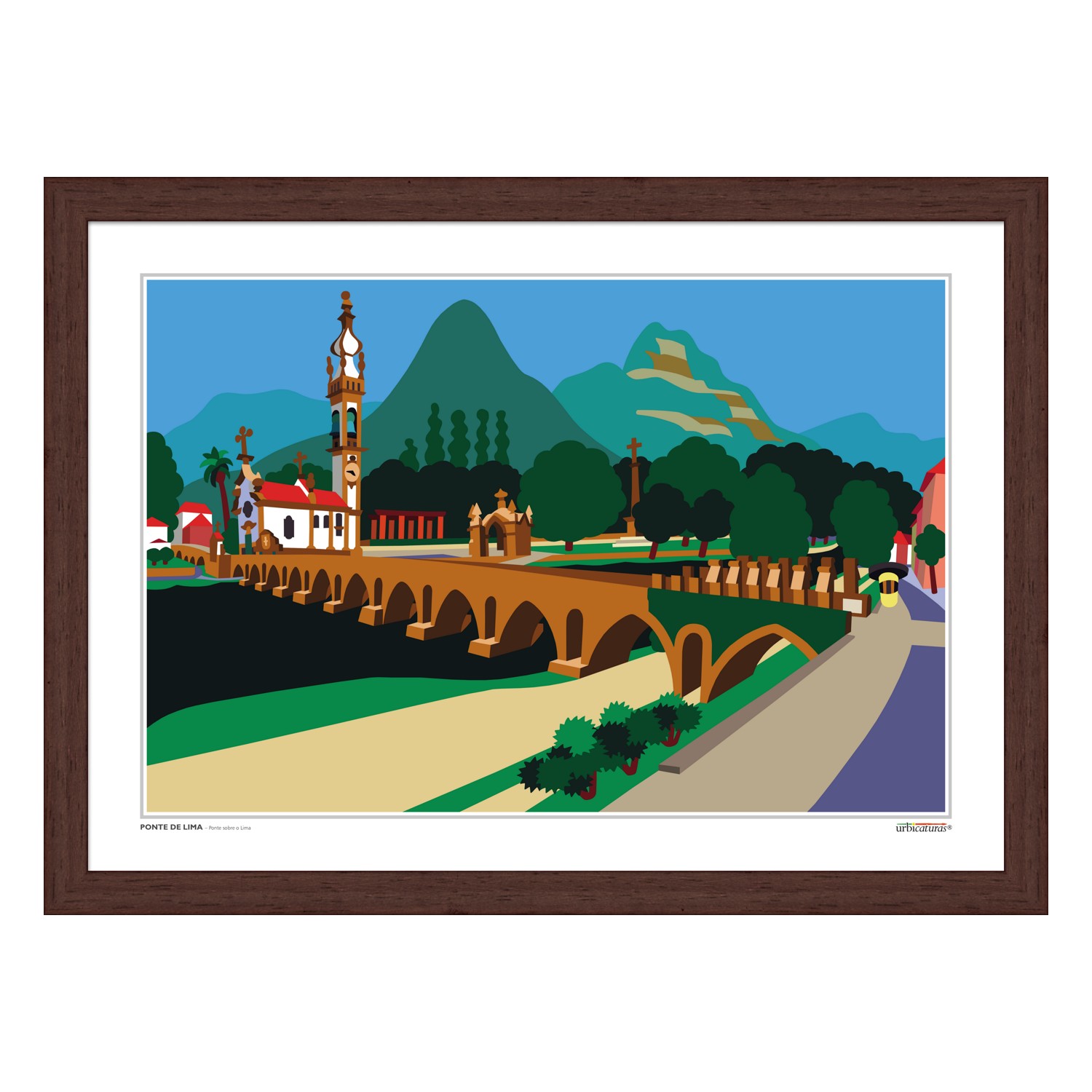 PONTE DE LIMA – Ponte sobre o Lima Quadro com imagem colorida de ponte em pedra, igreja e montanhas ao fundo