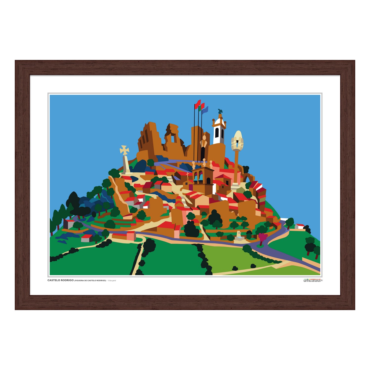CASTELO RODRIGO (Figueira de Castelo Rodrigo) – Vista geral Ilustração colorida de uma colina com edifícios e árvores, em quadro com moldura de madeira escura