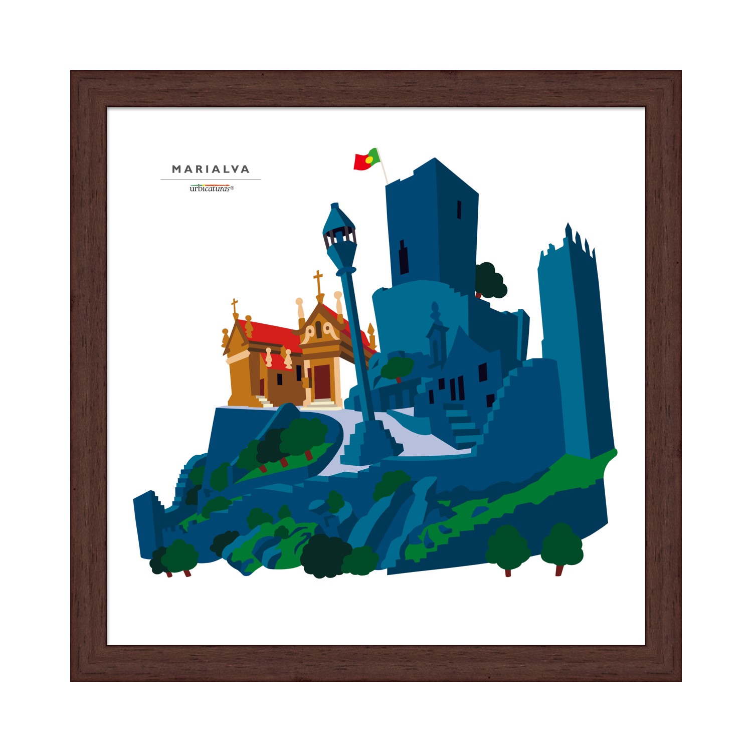 MARIALVA Recortes – Castelo Ilustração estilizada do castelo de Marialva com bandeira de Portugal num quadro decorativo
