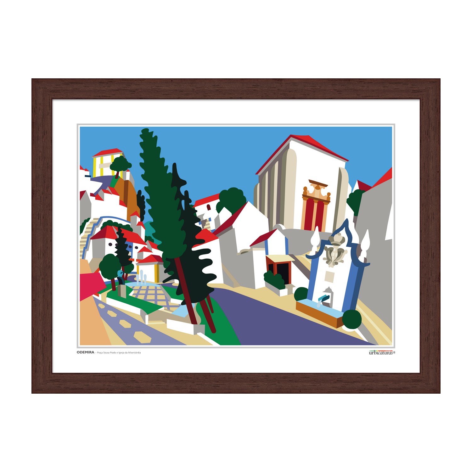 ODEMIRA – Praça Sousa Prado e Igreja da Misericórdia Quadro decorativo com ilustração colorida de cenário urbano estilizado