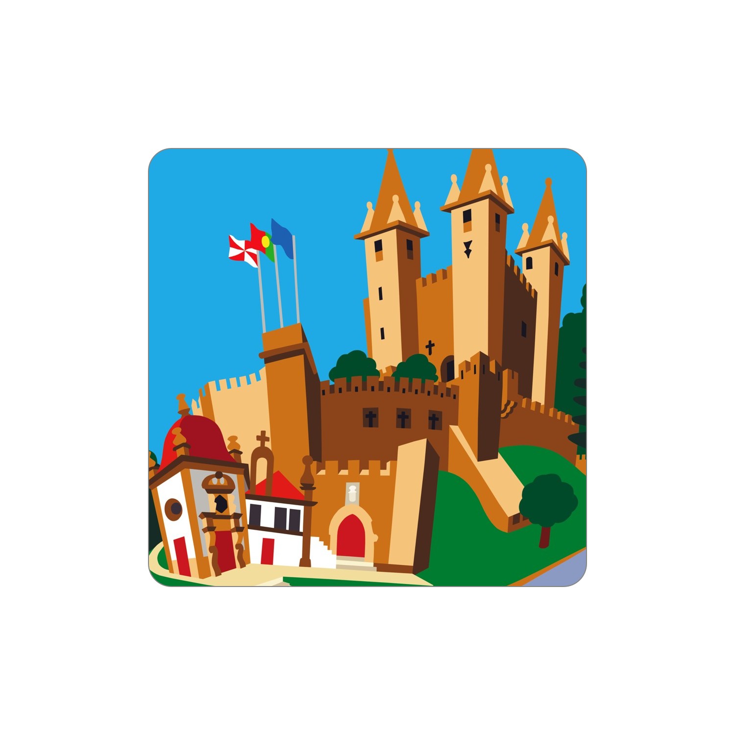 SANTA MARIA DA FEIRA Ímanes – Castelo Ilustração de castelo com torres, bandeiras e edifícios adjacentes em cores vivas