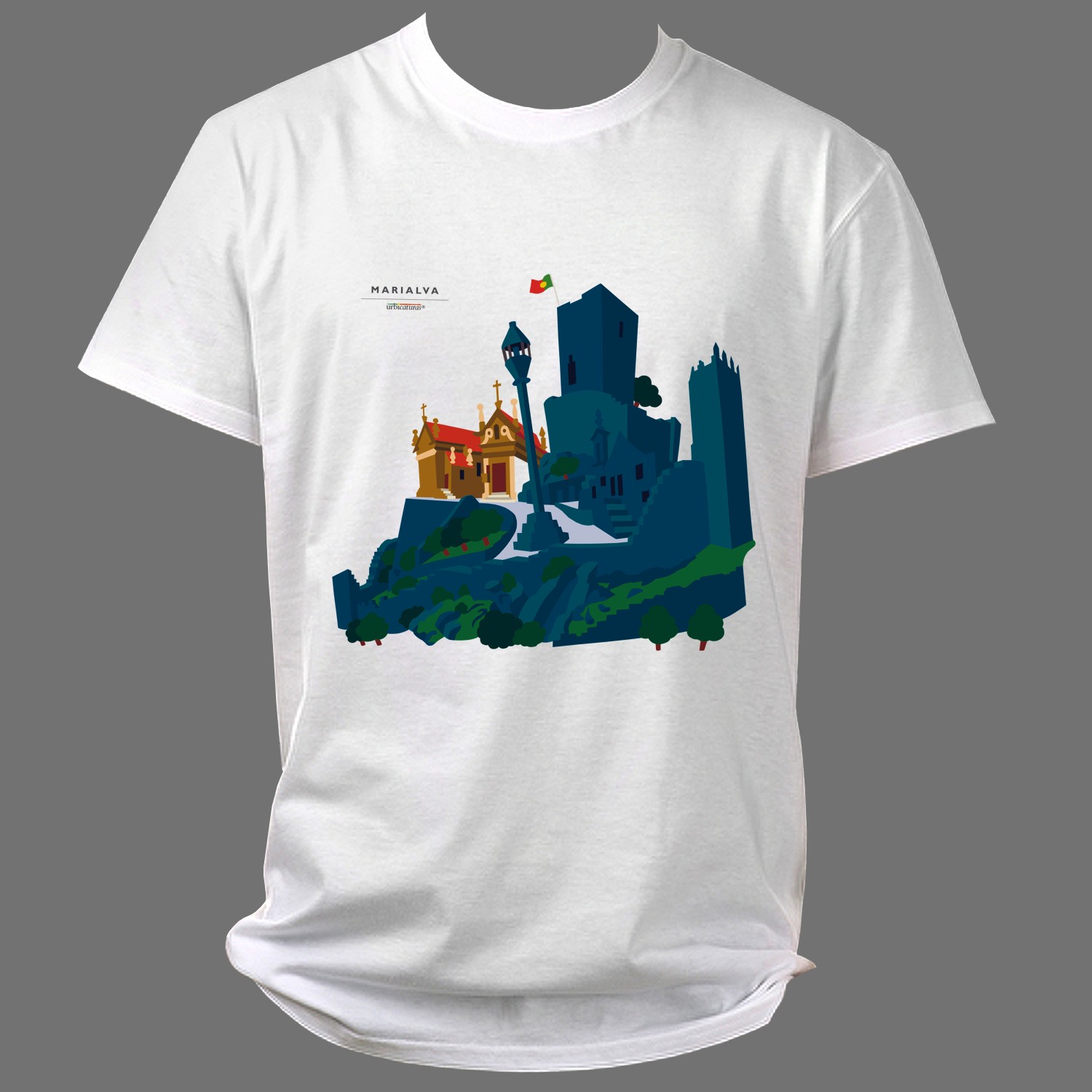 MARIALVA T-Shirts – Castelo T-shirt branca com estampa colorida de edifícios e texto 'MARIALVA'